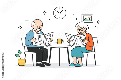 Elderly people everyday calm. Two older people sitting at a small table, reading newspapers in silence. Shared space and peaceful