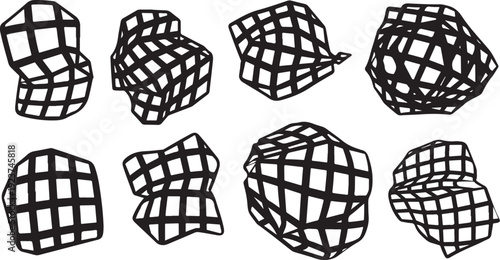 Wireframe cubes in various orientations and shapes illustration set