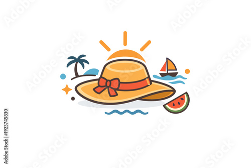 Sun hat focused on summer lifestyle and lighthearted leisure. A friendly editorial badge with a sun hat paired with subtle sun rays, expressing calm enjoyment