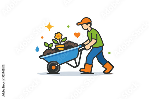 Garden work with a wheelbarrow focused on productivity a single figure transporting soil and plants, expressing hands-on care, growth and
