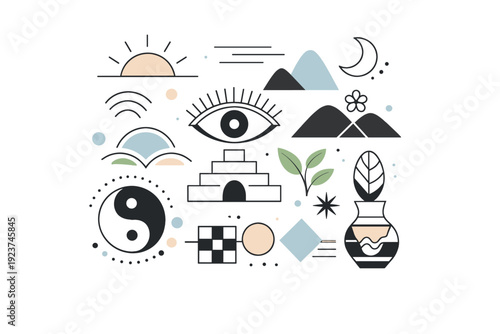 Modern pattern fusion. Abstract reinterpretation of global cultural motifs with geometric and organic shapes, clean and calm composition.