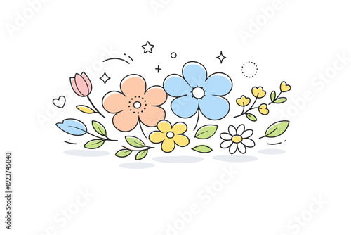 Soft pastel flower arrangements. Floating floral elements with soft shadows, creating a light and dreamy composition. Editorial decorative