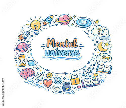 Mental universe. Hand drawn illustration of Mental universe. head outline, orbiting thoughts