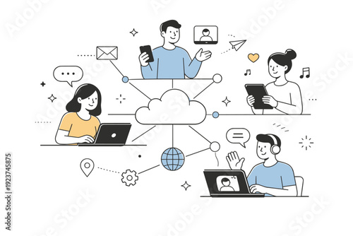 Calm network visuals. People interacting through connected devices, friendly editorial scene showing human-centered digital connections. Minimalist flat vector