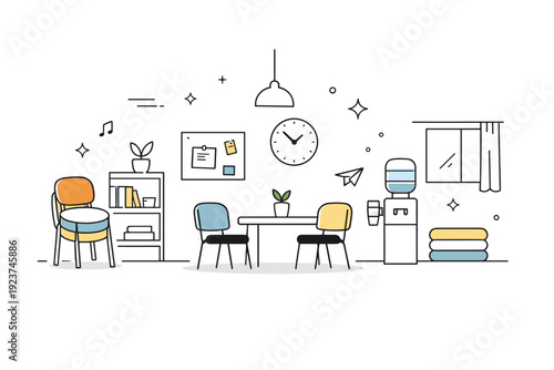 Serene Community Space. Still moment in a shared space. A community center room with minimal decor, soft lines showing absence of activity. Neutral time