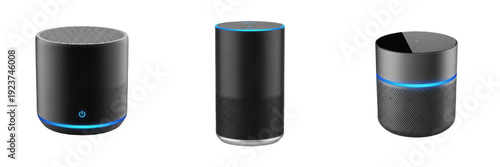 Photos Modern Smart Speaker Set - Realistic Black Wireless Voice Assistants with Blue L