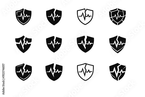 Health risks. Icon set. Set Logo of Health risks: cracked shield with pulse line. harmonious logo variations of the same emblematic concept,