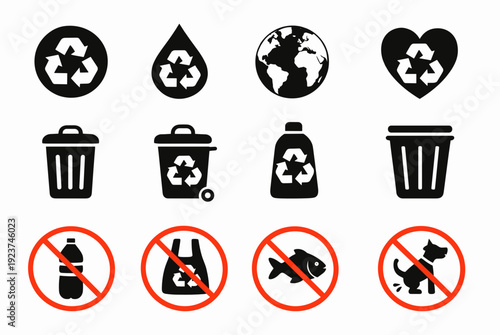 Eco recycling icon set with recycle symbols, globe, heart and water drop, trash bins and sorting containers, plus red prohibition signs for no plastic bottle, no bag, no fish and no dogs.