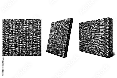 Black white dense dot noise surface. A dense dot noise surface tile is shown in three views: flat front view, angled side view, and three-quarter perspective
