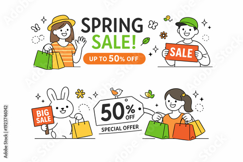 Spring sale holiday banners. Friendly characters holding shopping bags and sale signs, surrounded by minimal spring decorations. Warm, optimistic mood focused