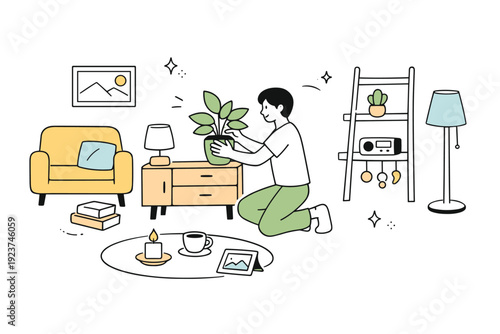 Creative home styling. A friendly editorial scene of a person arranging furniture and decor to personalize their space. The illustration