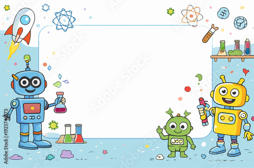 Science lab frame with cute robots holding flasks, atom icons, rocket and test tubes. Flat STEM education vector border for kids on white, rounded frame, for classroom posters. Blank center.