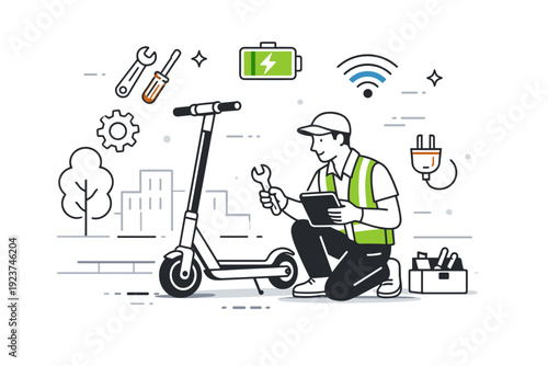 Urban micro-mobility maintenance. A technician checking an electric scooter on a city sidewalk, abstract floating line icons representing