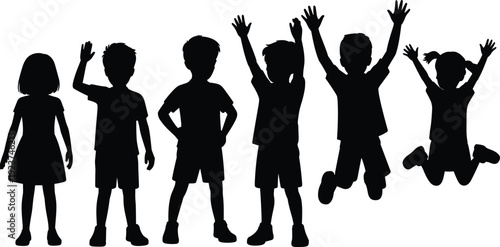 Black silhouette of happy children jumping and waving, playful kids group isolated on white background, vector illustration for education, childhood, and celebration themes.