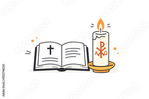 Catholic Easter illustration. A lit candle beside an open Bible, drawn in a minimal symbolic style to represent faith and reflection. The