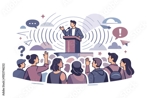 Public discussion. Crowd listening to a speaker on a platform, speech waves spreading evenly