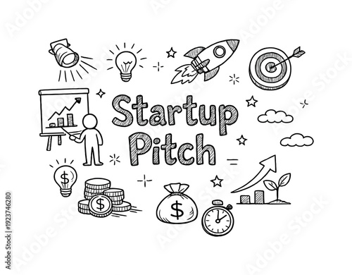 Startup Pitch. Hand-drawn doodle illustration of Startup Pitch. presenter figure, slide deck