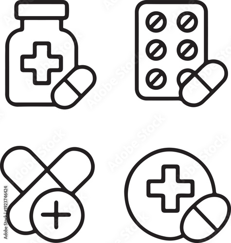 Set of healthcare and medical line icons, symbols of medicine pills, capsule, pharmacy bottle and blister pack, isolated on transparent background, for medical applications and websites