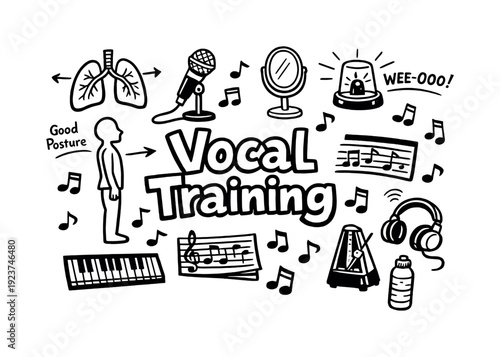 Vocal Training. Hand-drawn doodle illustration of Vocal Training. breathing lungs diagram,