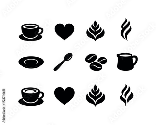 Coffee shop aesthetics. Filled icon set of Coffee shop aesthetics: latte cup, foam heart,