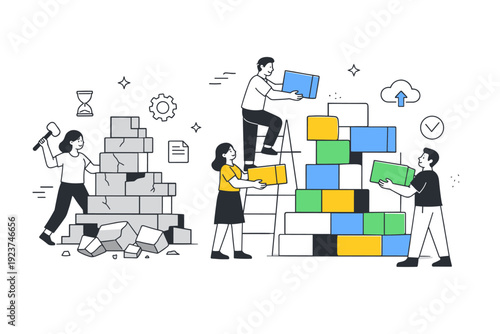 Digital transformation imagery. Characters assembling abstract digital blocks that replace older rigid structures nearby. The illustration