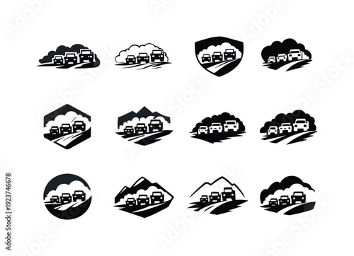 a military convoy driving down a dirt road. Icon set. Set Logo of a military convoy driving down a dirt road: dusty trail behind vehicles.