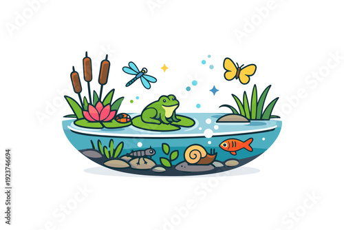Pond life revealing a calm freshwater world where plants, insects, and small animals coexist in quiet balance. A peaceful visual metaphor of