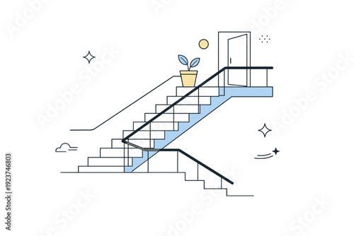 Still architectural stair moment. A stairwell with clean lines and no visible people, frozen in a moment of silence. The mood is empty, slightly abstract, and