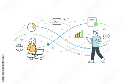 Data flow atmospheres ? real-time movement. Curved paths, motion lines and scattered data points implying live updates and speed without stress. Smooth, airy