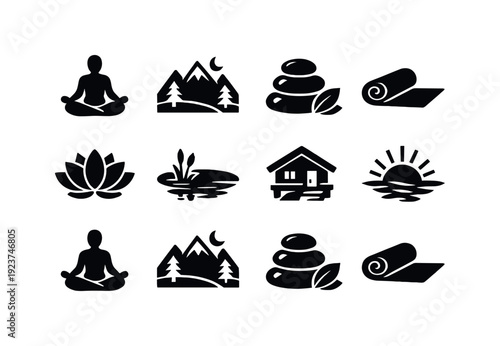 Wellness Retreats. Filled icon set of Wellness Retreats: meditation pose, mountain landscape