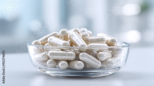 Probiotics capsules in a transparent laboratory style glass bowl, subtle microbiome inspired composition, minimal white background