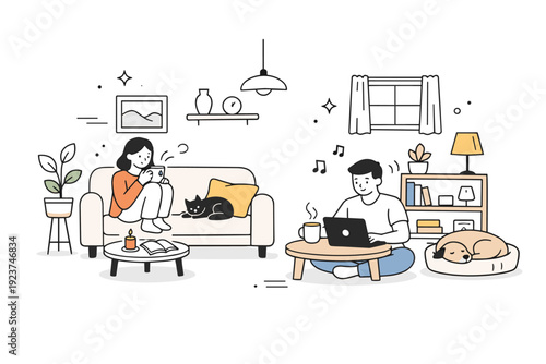 Comfort living. A calm editorial scene with a cozy home interior, soft furniture, warm light, and relaxed everyday moments. The atmosphere