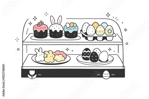 Easter cafe pastry offerings. A display case with mini cakes, pastel cookies, and egg-shaped treats, abstract stars and dots highlighting