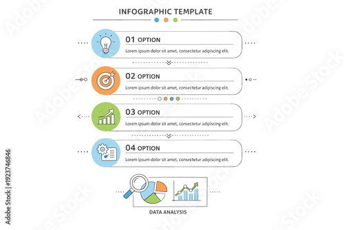 Infographic layout template. Abstract data blocks, icons, and charts arranged vertically with clear hierarchy. Easy-to-read structure and friendly visual flow.