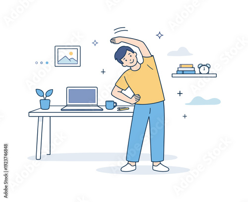 Refreshing Home Office Stretch. Micro-stretching break scene. A friendly character standing and performing a gentle side stretch at a home office desk, with