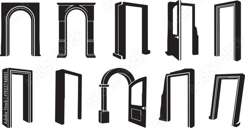 Various door and archway designs in black and white