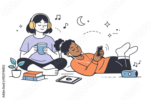 Modern friendship rituals. Friends sharing a quiet moment at home, listening to music or relaxing together. Comfortable silence and emotional safety.