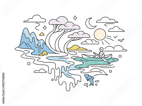 Surreal environmental art: melting landscape harmony. Mountains flowing like liquid into