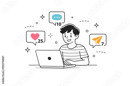 Social media interaction. A person using a laptop with icons for likes, comments, and shares floating around, cheerful and engaging atmosphere. Minimalist flat