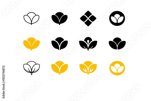 Buttercup. Icon set. Set Logo of Buttercup: Stylized buttercup petal. harmonious logo variations of the same emblematic concept (Minimal