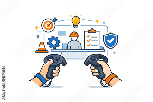 Skill training with VR technology hands using controllers inside a simplified virtual workspace, symbolizing practical training, safety and