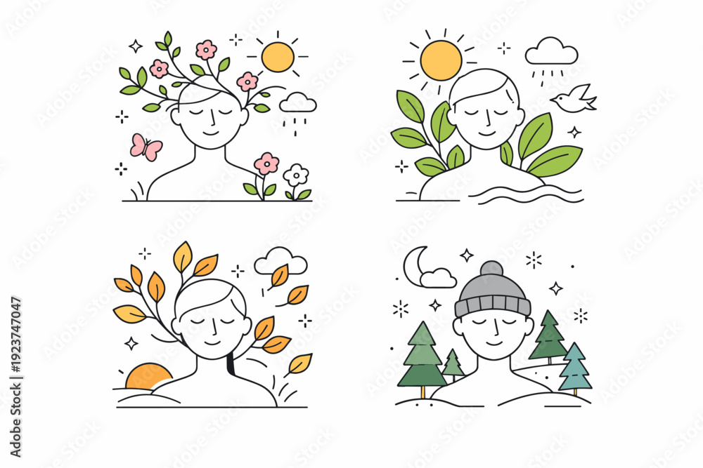 Obraz premium People with seasonal growth and nature elements. Abstract scene where a human figure blends gently with trees, sun, and clouds changing by