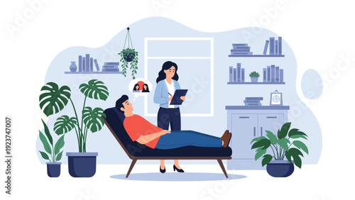 Man lying on a couch during a therapy session talking to a psychologist who is taking notes in a comfortable office setting.