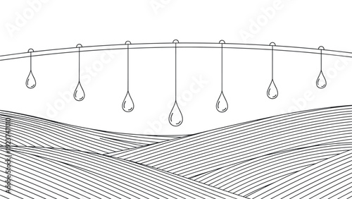 Modern drip irrigation system with water droplets falling onto agricultural fields for efficient water management.