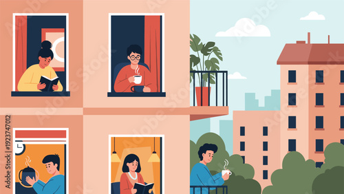 Neighbors engaging in activities like reading, drinking coffee, and relaxing in the windows and on the balcony of an apartment building.