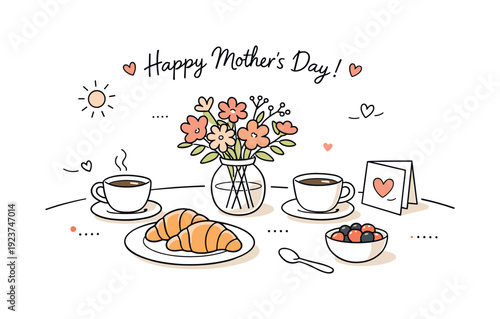 Mother?s Day brunch setup. Table with flowers, croissants, coffee cups, and soft sunlight streaming in, relaxed and inviting mood. Clean