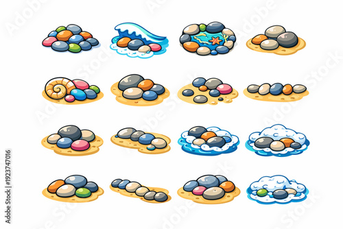 Beach Pebbles. Colorful isometric vector icons set of Beach Pebbles: colorful shore pebbles, pebbles near waves, tide pool stones, beachside
