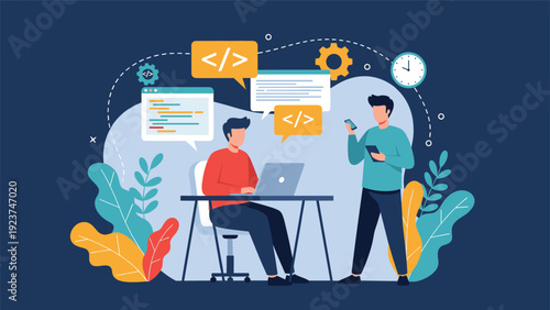 Collaborative team of software developers working on a computer coding project with floating windows of programming languages and symbols.