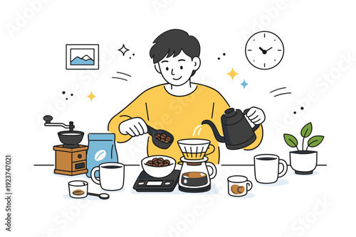 Home brewing coffee. A person calmly preparing coffee at a kitchen counter, measuring beans and water with focus. Cozy morning routine with cups, kettle, and