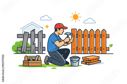 Rebuilding a backyard fence showing a homeowner restoring a worn boundary with care and practical effort. A clear visual metaphor of renewal,